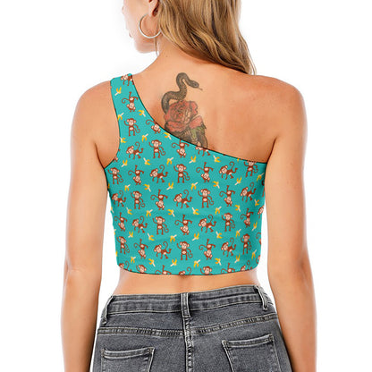 Banana And Monkey Pattern Print One Shoulder Crop Top