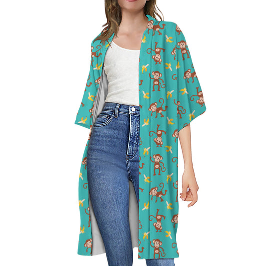 Banana And Monkey Pattern Print Open Front Beach Cover Up