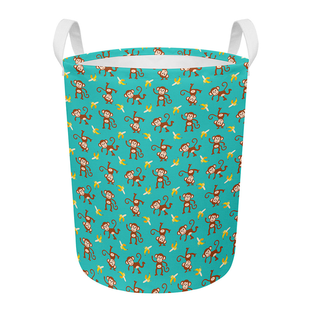 Banana And Monkey Pattern Print Round Laundry Basket