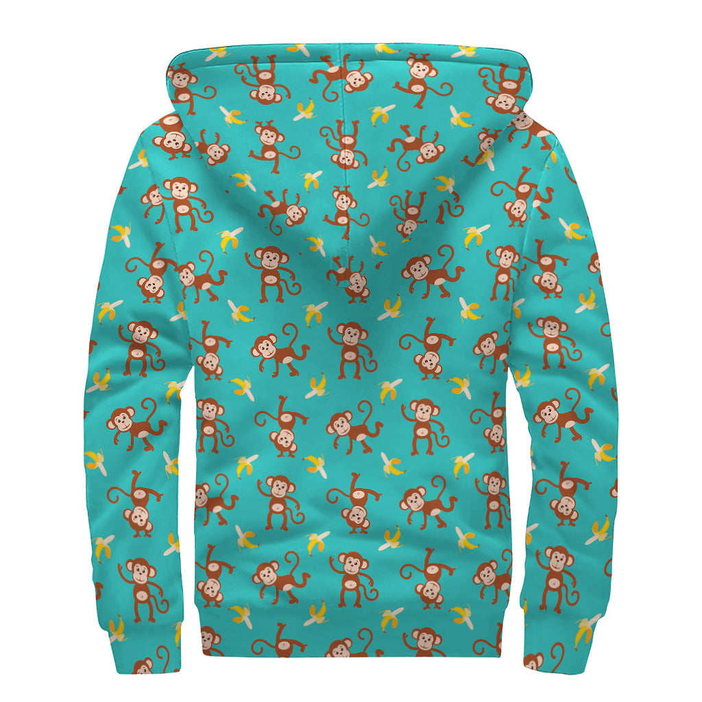 Banana And Monkey Pattern Print Sherpa Lined Zip Up Hoodie