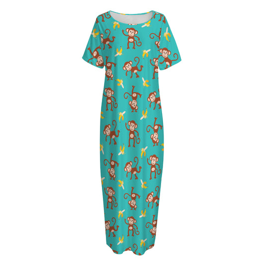 Banana And Monkey Pattern Print Short Sleeve Long Nightdress