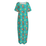 Banana And Monkey Pattern Print Short Sleeve Long Nightdress