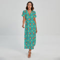 Banana And Monkey Pattern Print Short Sleeve Maxi Dress
