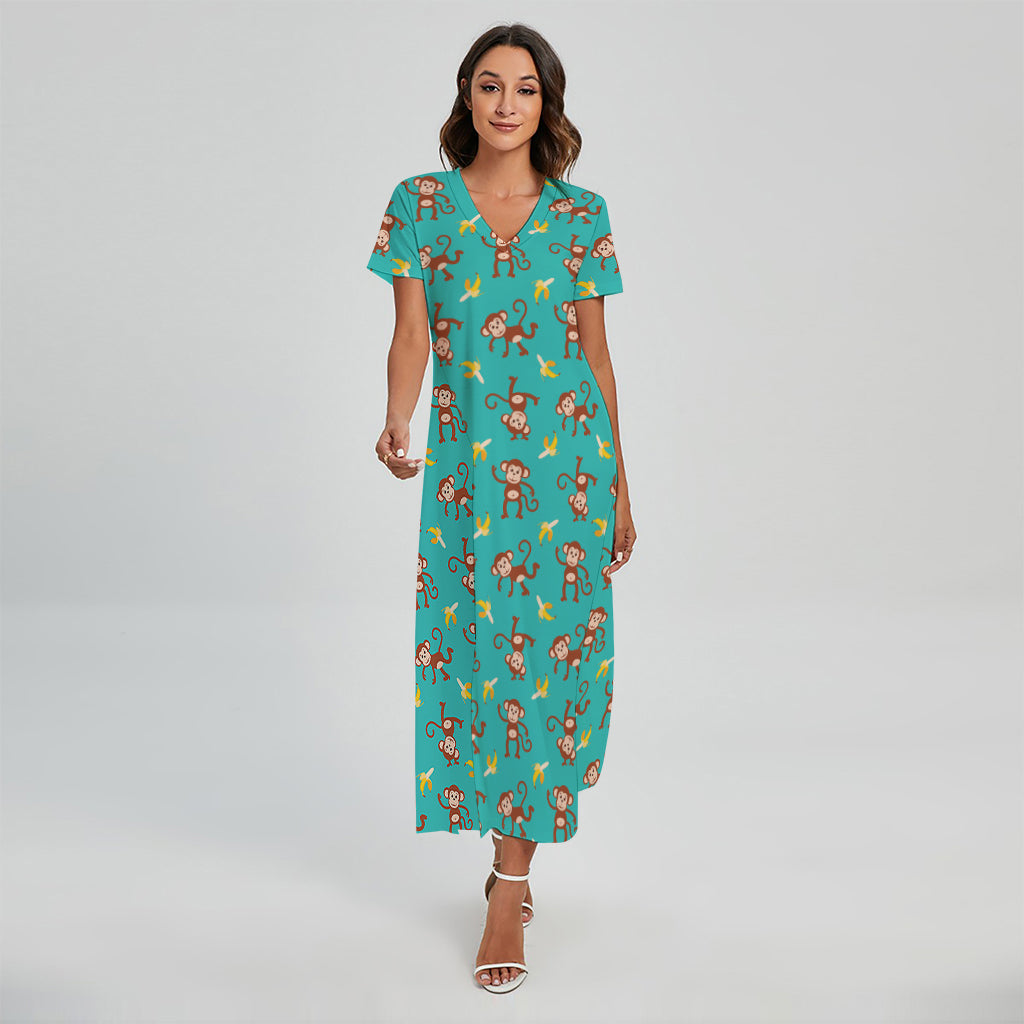 Banana And Monkey Pattern Print Short Sleeve Maxi Dress