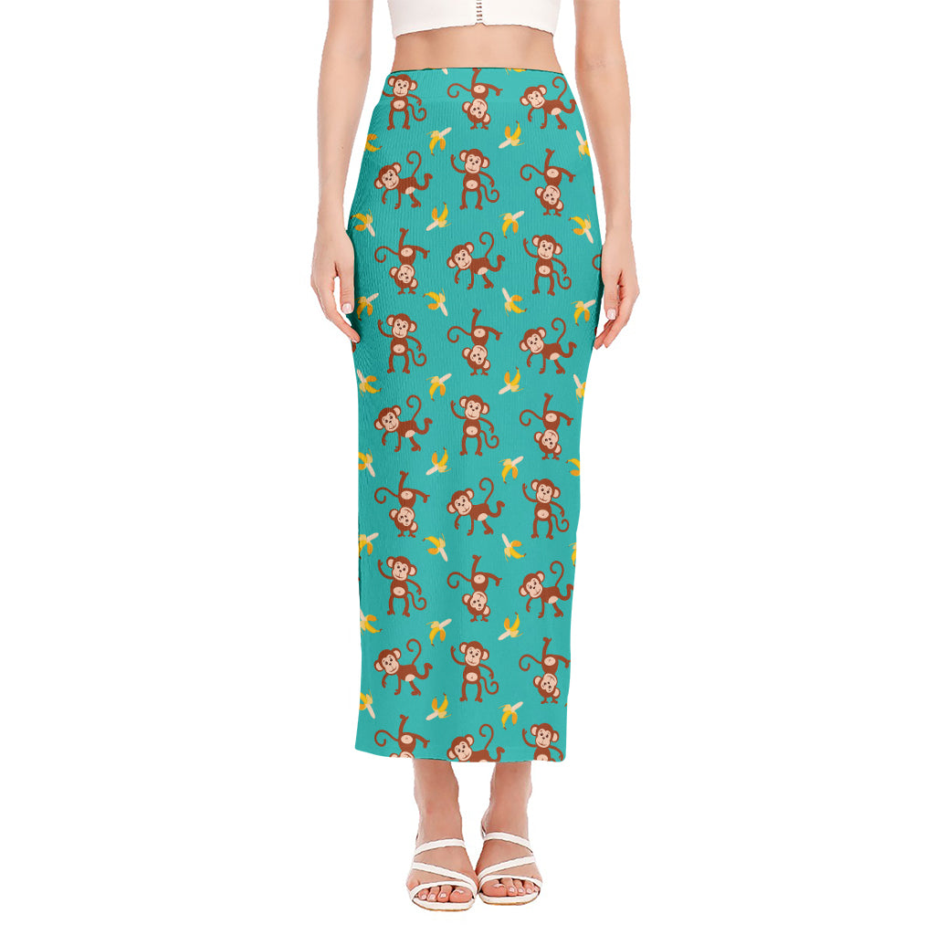 Banana And Monkey Pattern Print Side Slit Maxi Skirt