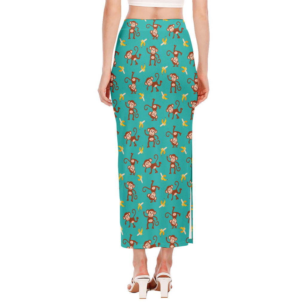 Banana And Monkey Pattern Print Side Slit Maxi Skirt