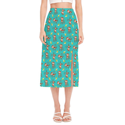 Banana And Monkey Pattern Print Side Slit Midi Skirt