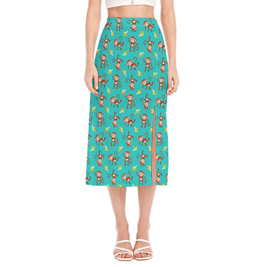 Banana And Monkey Pattern Print Side Slit Midi Skirt