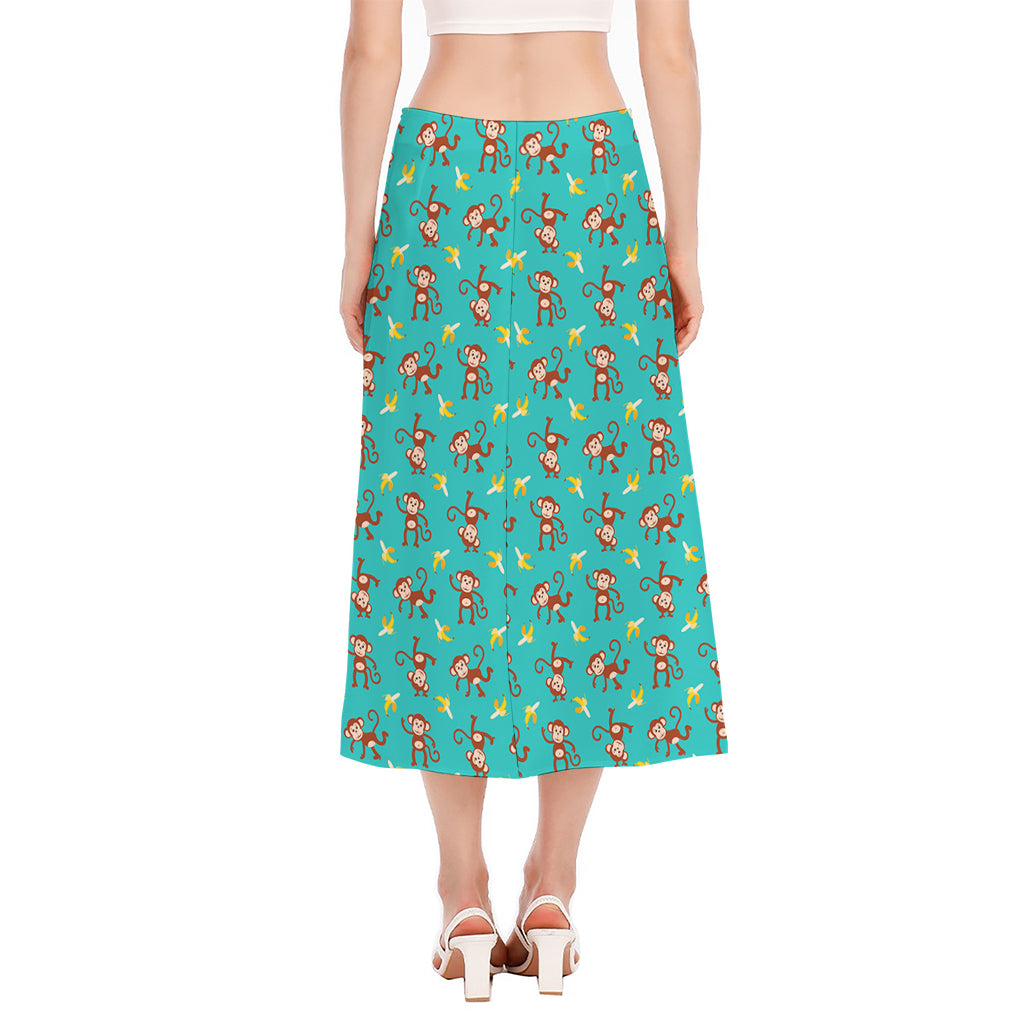 Banana And Monkey Pattern Print Side Slit Midi Skirt