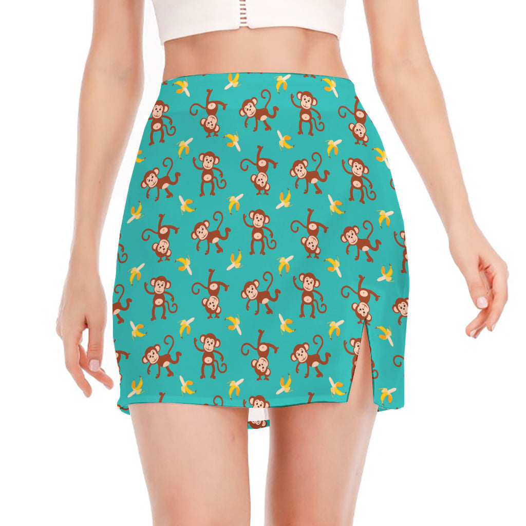 Banana And Monkey Pattern Print Side Slit Mini Skirt