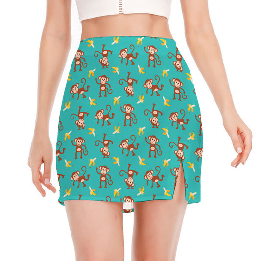 Banana And Monkey Pattern Print Side Slit Mini Skirt