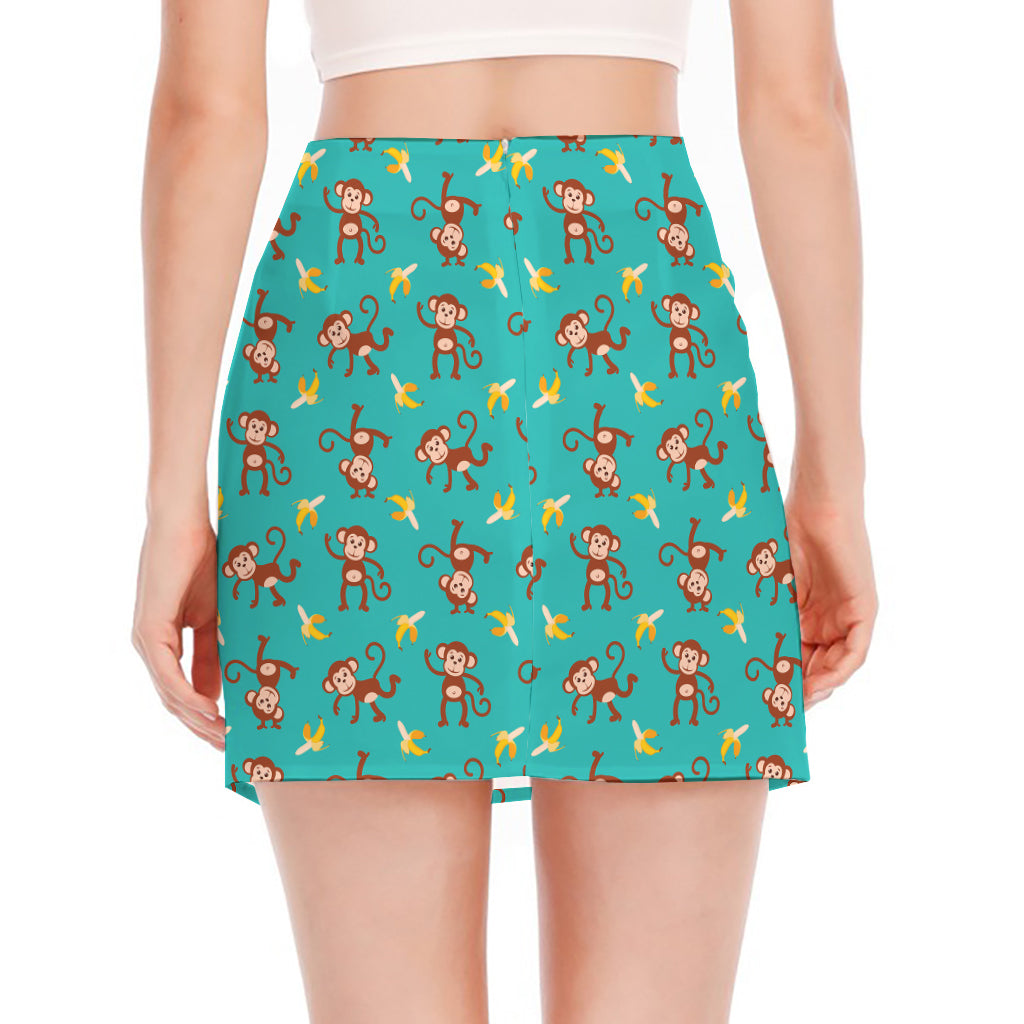 Banana And Monkey Pattern Print Side Slit Mini Skirt