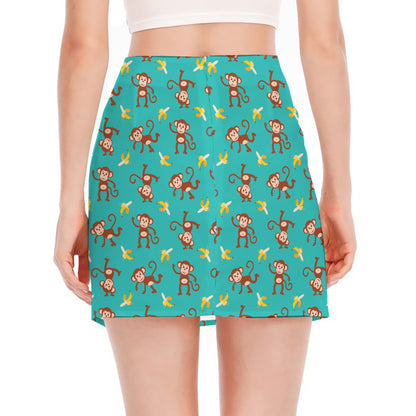 Banana And Monkey Pattern Print Side Slit Mini Skirt
