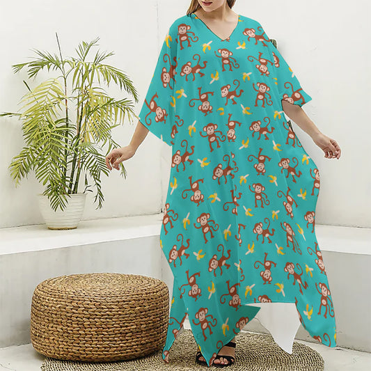 Banana And Monkey Pattern Print Silk V-Neck Kaftan Dress
