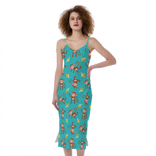 Banana And Monkey Pattern Print Slim Fit Midi Cami Dress