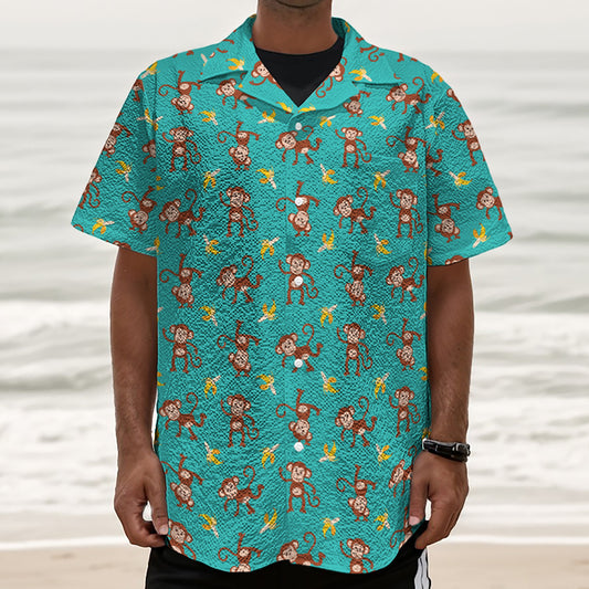 Banana And Monkey Pattern Print Textured Short Sleeve Shirt
