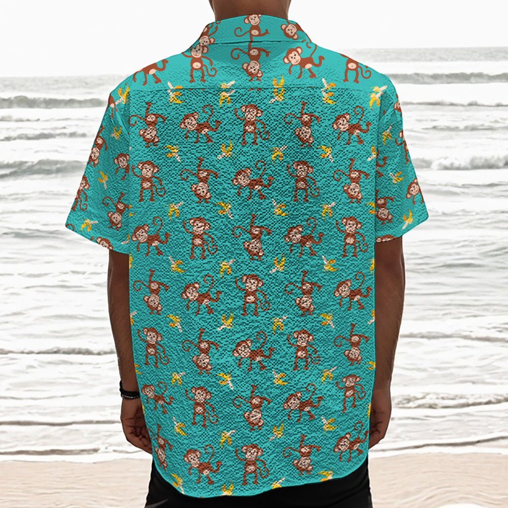Banana And Monkey Pattern Print Textured Short Sleeve Shirt