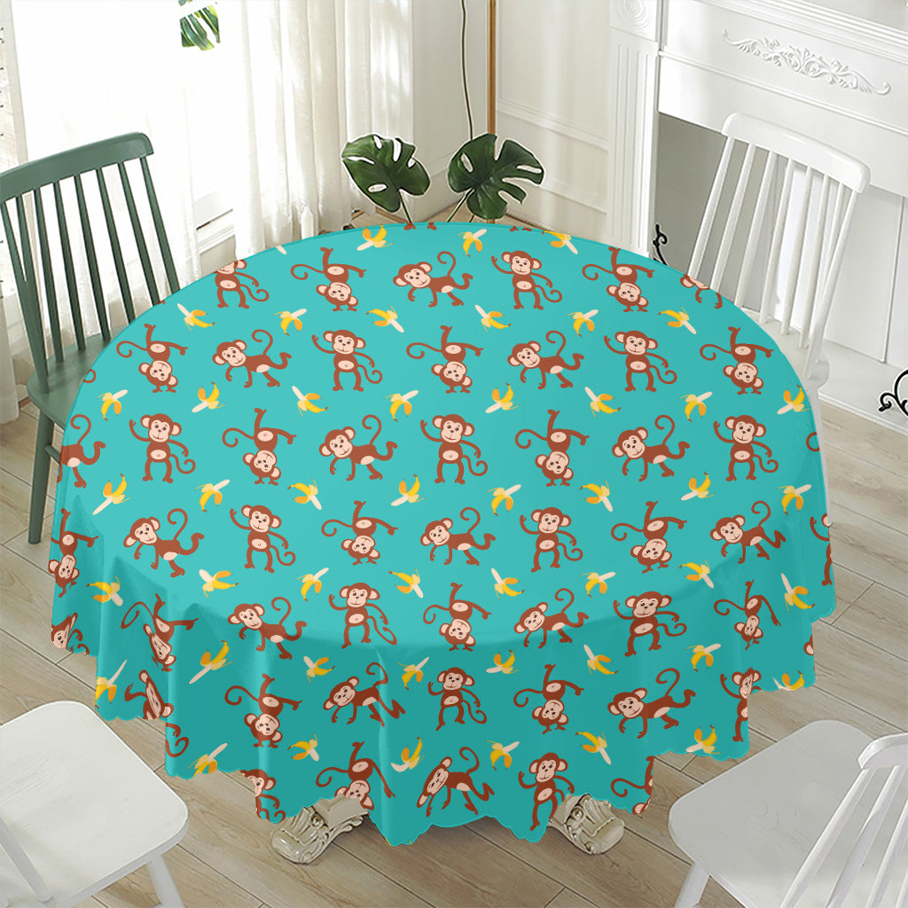 Banana And Monkey Pattern Print Waterproof Round Tablecloth