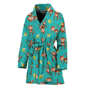 Banana And Monkey Pattern Print Women's Bathrobe