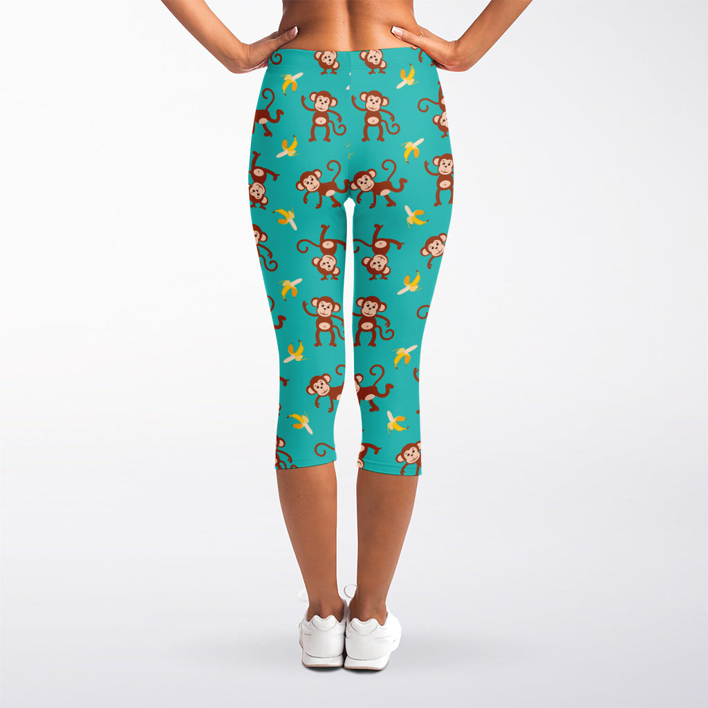 Banana And Monkey Pattern Print Women's Capri Leggings
