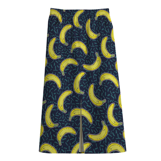 Banana Fruit Pattern Print Cotton Front Slit Maxi Skirt