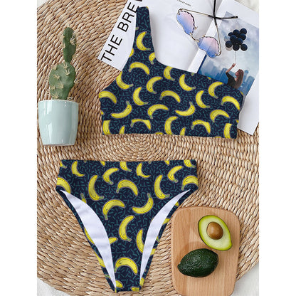 Banana Fruit Pattern Print One Shoulder Bikini Top