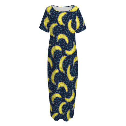 Banana Fruit Pattern Print Short Sleeve Long Nightdress