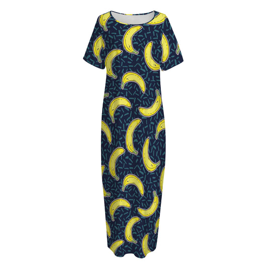 Banana Fruit Pattern Print Short Sleeve Long Nightdress