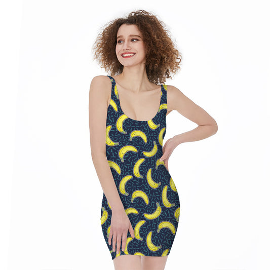 Banana Fruit Pattern Print Sleeveless Bodycon Dress