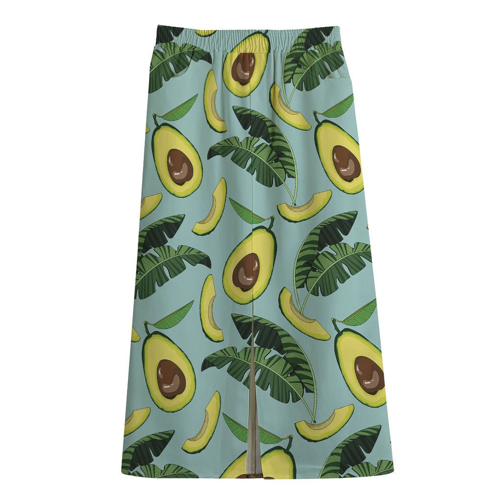 Banana Leaf Avocado Pattern Print Cotton Front Slit Maxi Skirt