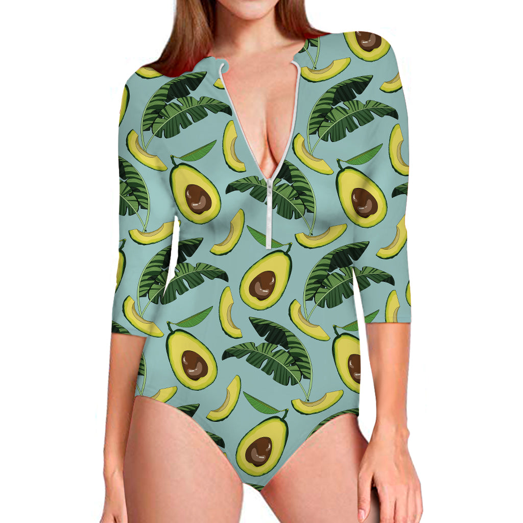 Banana Leaf Avocado Pattern Print Long Sleeve Swimsuit