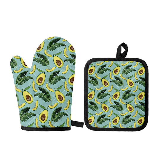 Banana Leaf Avocado Pattern Print Oven Mitt And Pot Holder Set
