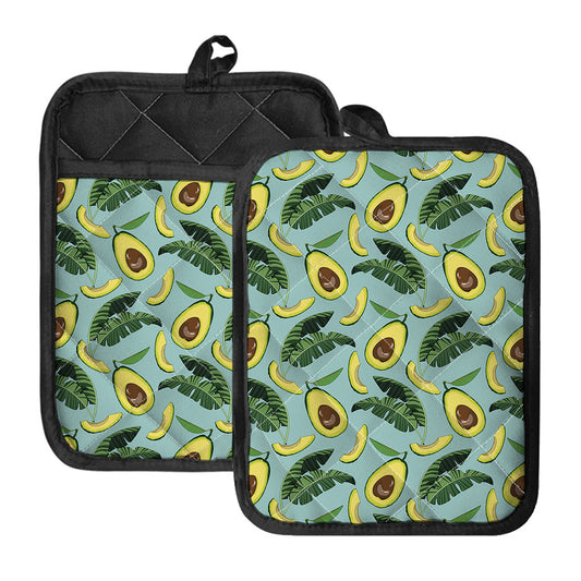 Banana Leaf Avocado Pattern Print Pot Holders With Pocket