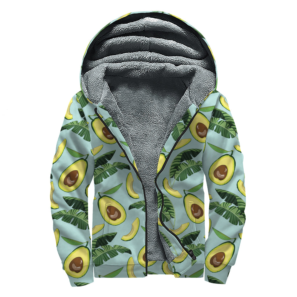 Banana Leaf Avocado Pattern Print Sherpa Lined Zip Up Hoodie