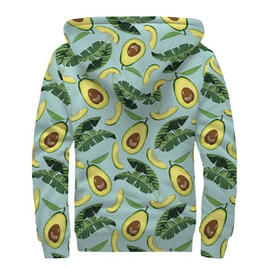 Banana Leaf Avocado Pattern Print Sherpa Lined Zip Up Hoodie