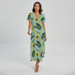 Banana Leaf Avocado Pattern Print Short Sleeve Maxi Dress