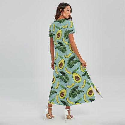 Banana Leaf Avocado Pattern Print Short Sleeve Maxi Dress