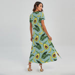 Banana Leaf Avocado Pattern Print Short Sleeve Maxi Dress