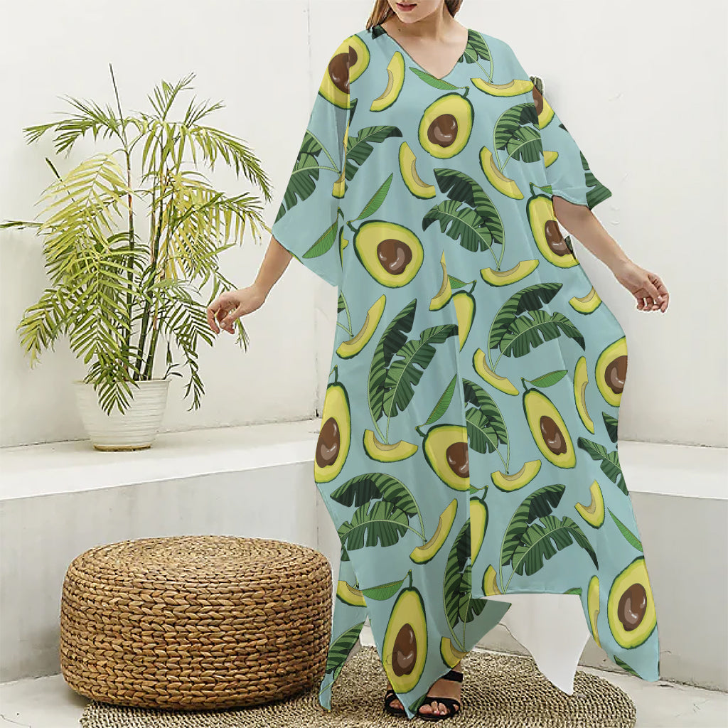 Banana Leaf Avocado Pattern Print Silk V-Neck Kaftan Dress