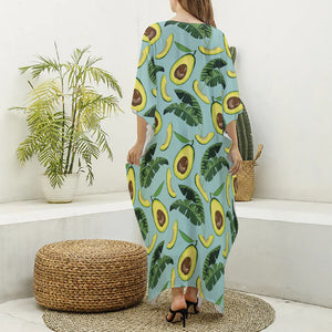 Banana Leaf Avocado Pattern Print Silk V-Neck Kaftan Dress