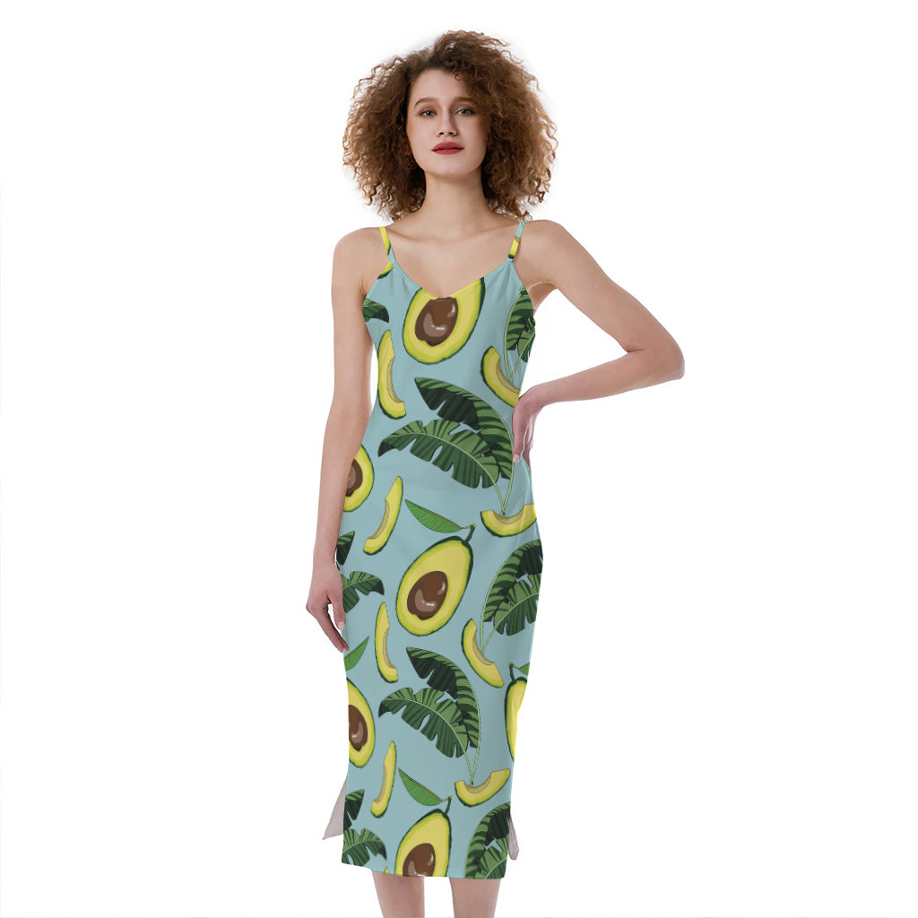 Banana Leaf Avocado Pattern Print Slim Fit Midi Cami Dress