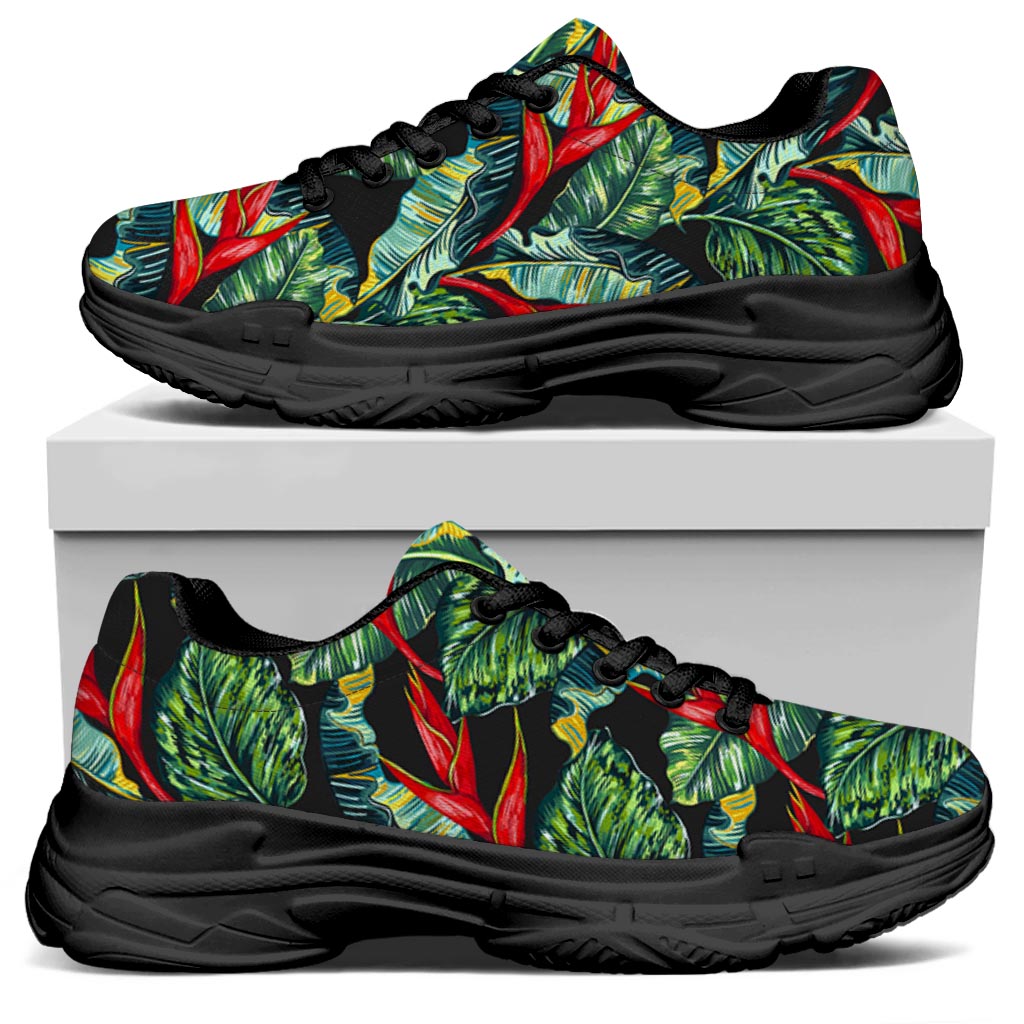 Banana Leaf Hawaiian Pattern Print Black Chunky Shoes