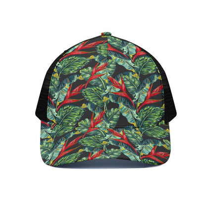 Banana Leaf Hawaiian Pattern Print Black Mesh Trucker Cap