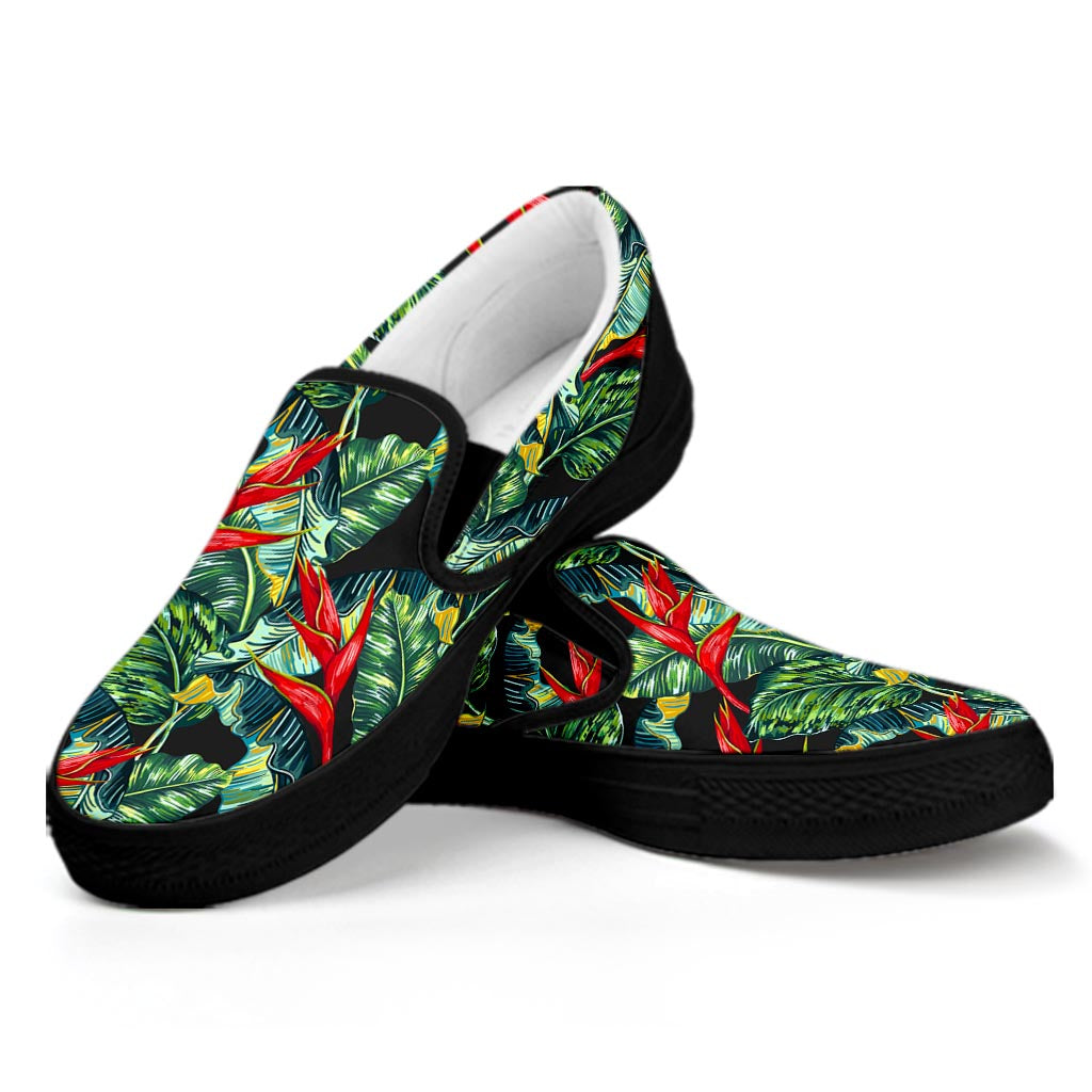 Banana Leaf Hawaiian Pattern Print Black Slip On Sneakers