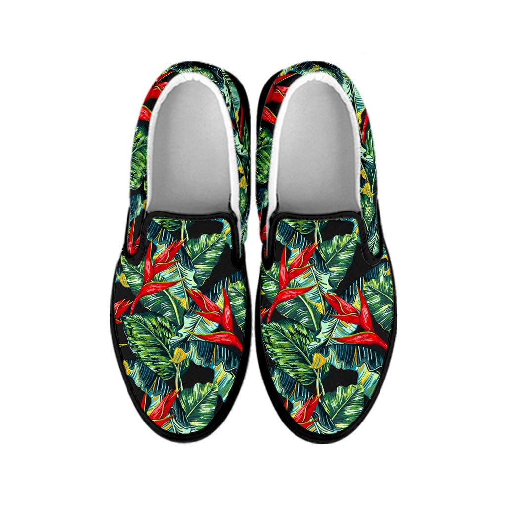 Banana Leaf Hawaiian Pattern Print Black Slip On Sneakers