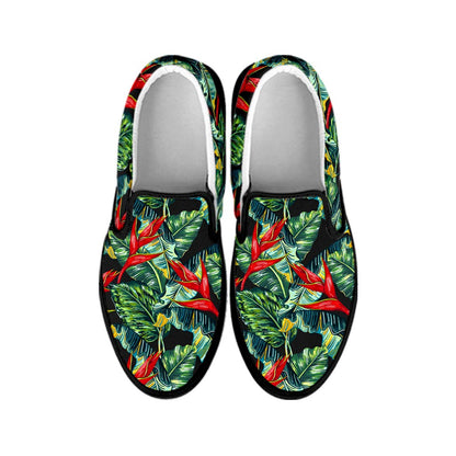 Banana Leaf Hawaiian Pattern Print Black Slip On Sneakers