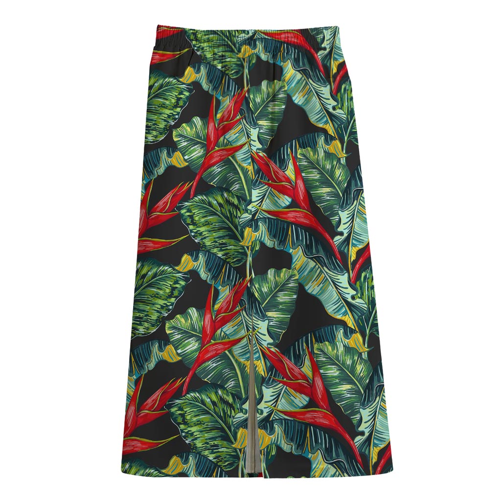 Banana Leaf Hawaiian Pattern Print Cotton Front Slit Maxi Skirt