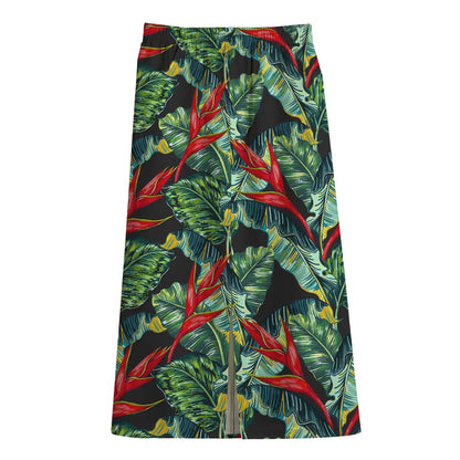 Banana Leaf Hawaiian Pattern Print Cotton Front Slit Maxi Skirt