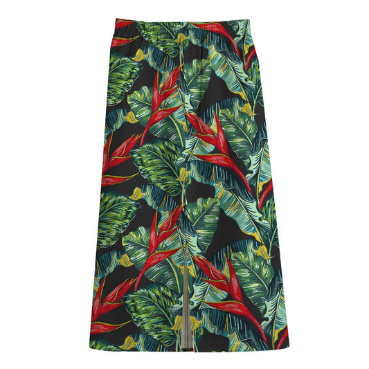 Banana Leaf Hawaiian Pattern Print Cotton Front Slit Maxi Skirt