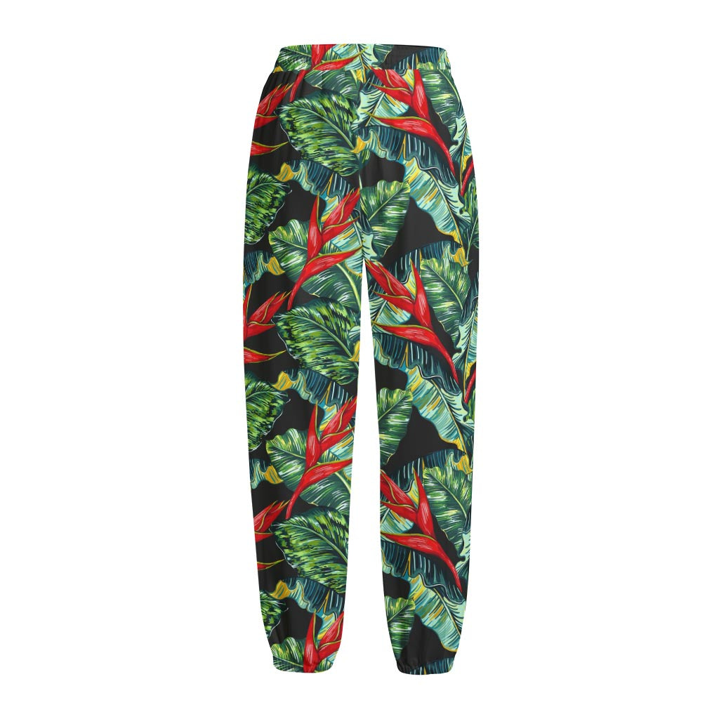 Banana Leaf Hawaiian Pattern Print Fleece Lined Knit Pants